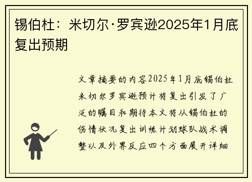 锡伯杜：米切尔·罗宾逊2025年1月底复出预期
